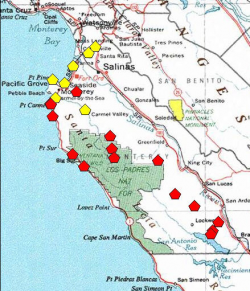 A red polygon indicates an extant occurrence; yellow indicates the occurrence has been extirpated. 